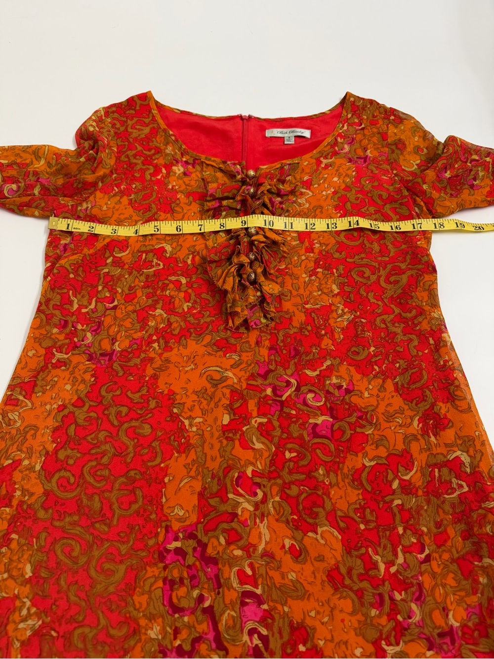 Beth Bowley 100% Silk Ruffle Front Mini Dress Orange Pink Boho Chic Size 6 - Picture 5 of 9